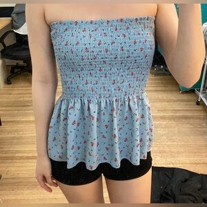 Blue floral peplum tube top tank